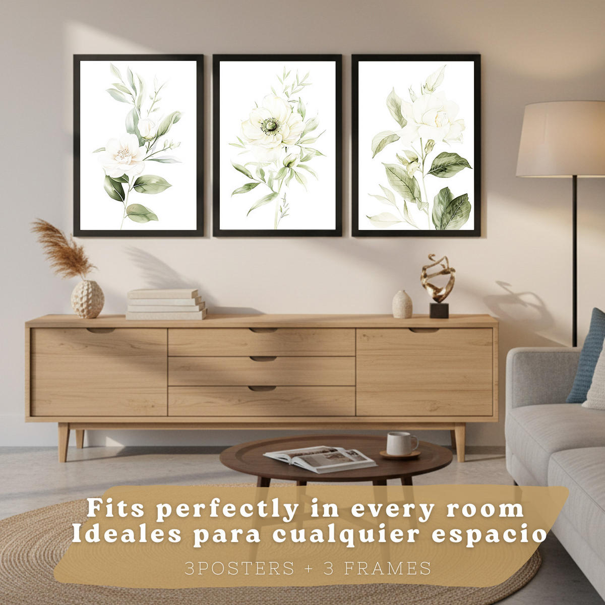 PLAKAT Sada 3 botanických tisků Zelenobílé květy. Akvarelové plakáty rostlin v jemných zelených tónech Obrázky. Černý rám velikosti A3 - černá, papír (29.7/42/3cm) - Nacnic