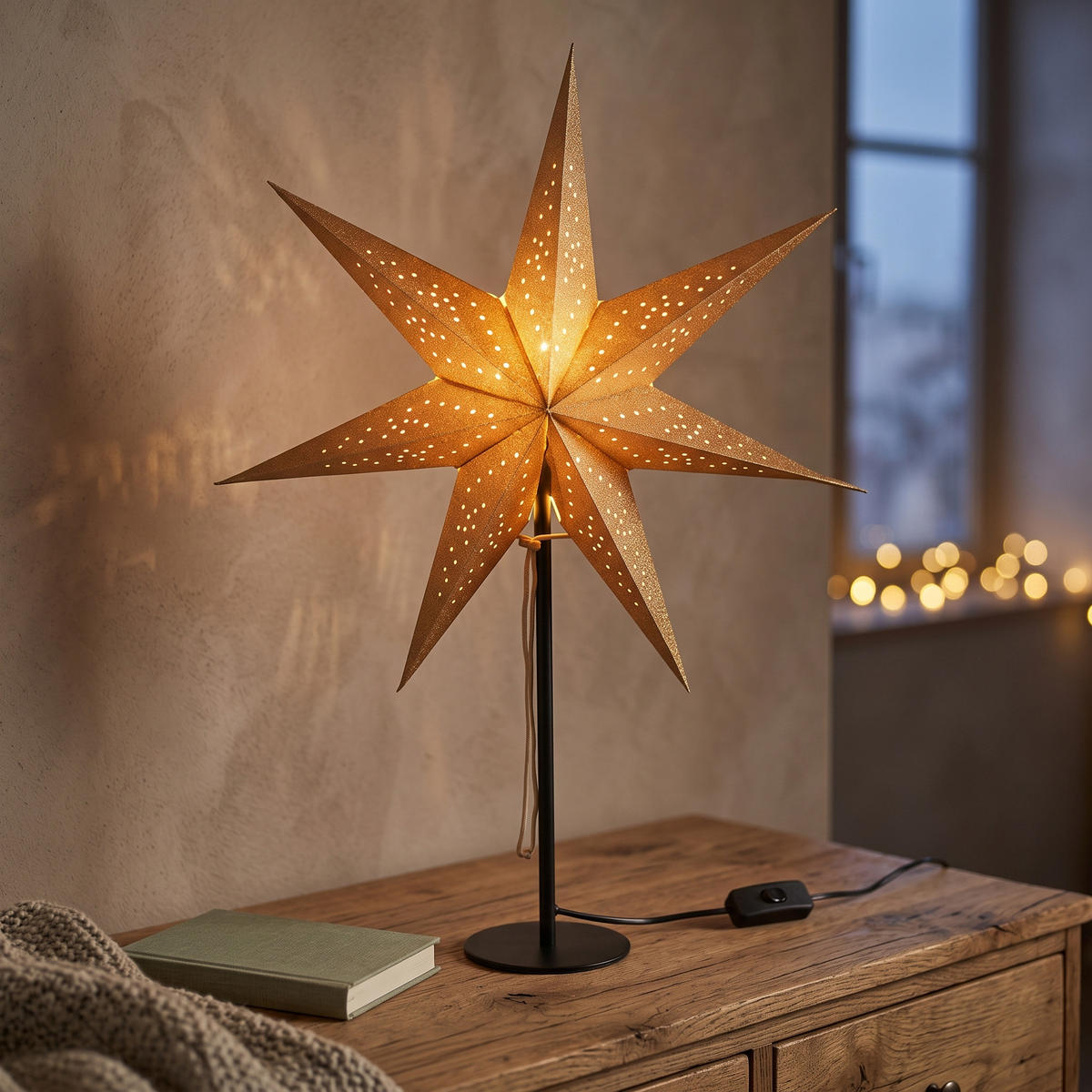 PAPIERSTERN auf Metallständer 45/45/65 cm - Goldfarben, Papier (45/65/45cm) - Home Styling Collection