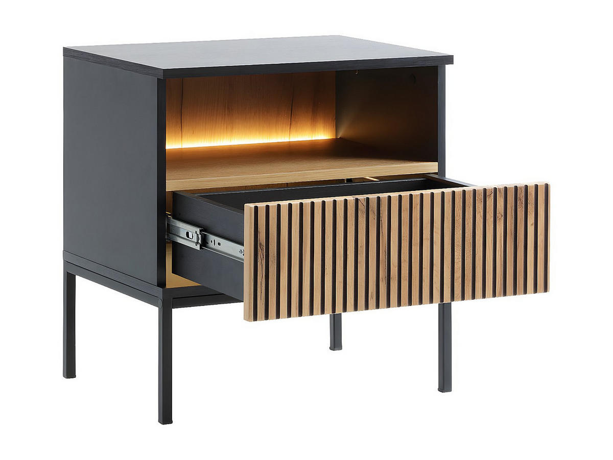 NACHTTISCH mit 1 Schublade & 1 Ablagefach - Mit LED-Beleuchtung - Schwarz und Holzfarben - OVILA - Schwarz, Holz (53.6/56.2/39cm) - Vente-Unique