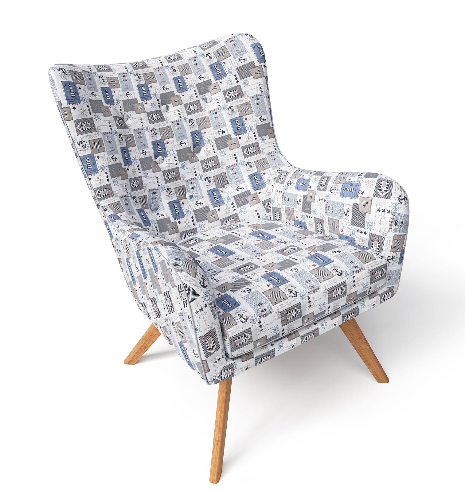 OHRENSESSEL Manhattan, Relaxsessel mit Hocker | Modern & Design, Patchwork maritime - Blau, Textil (67/50/87cm) - Supellex