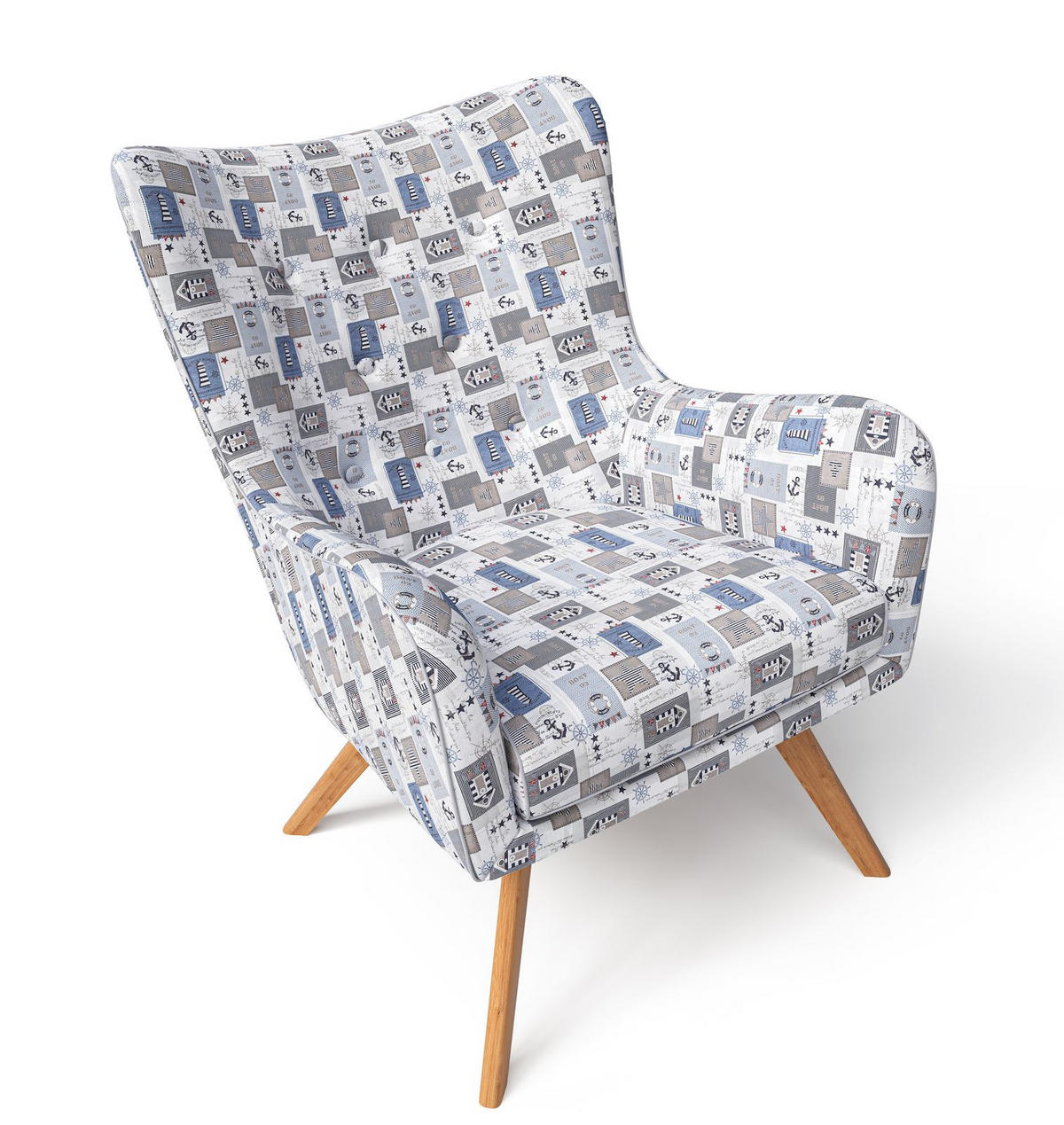 OHRENSESSEL Manhattan, Relaxsessel mit Hocker | Modern & Design, Patchwork maritime - Blau, Textil (67/50/87cm) - Supellex