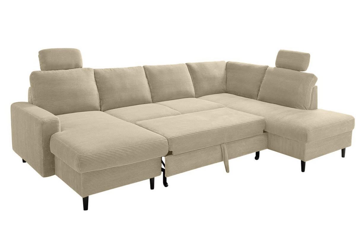 WOHNLANDSCHAFT mit Schlaffunktion Bettkasten Wellenunterfederung, 2 Kopfstützen, U-Form B305/T200/H88 cm, Cord Beige Grau / 17205 - Greige/Beige, Holz/Textil (305/88/200cm) - luma-home