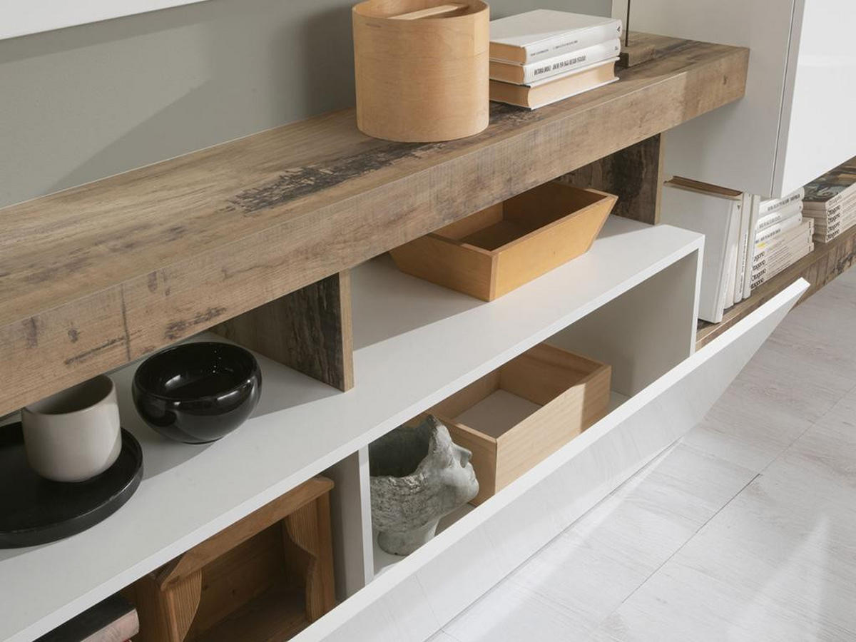 TV-MÖBEL mit 1 Tür & 4 Ablagen - Weiß lackiert & Eichefarben - SEFRO - Naturfarben, Holz (42/58/184cm) - Vente-Unique