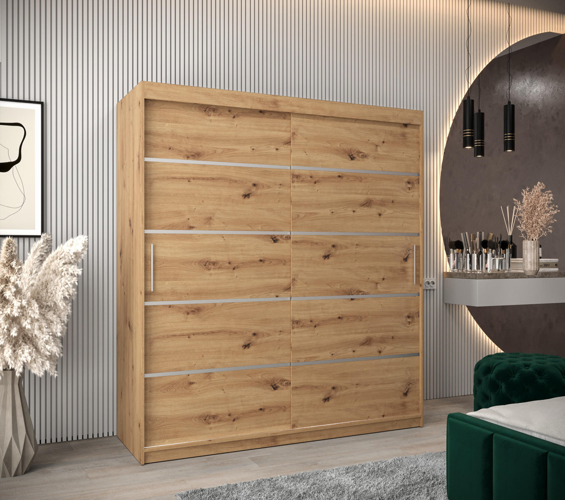 SCHWEBETÜRENSCHRANK 200/180/62 2-türig - Silberfarben/Eiche Artisan, Holz/Kunststoff (180/200/62cm) - MÖBEL KRYSPOL