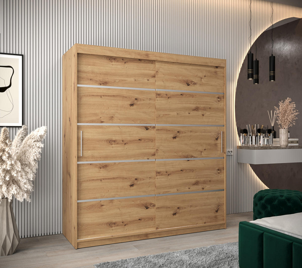 SCHWEBETÜRENSCHRANK 200/180/62 2-türig - Silberfarben/Eiche Artisan, Holz/Kunststoff (180/200/62cm) - Abiks Möbel