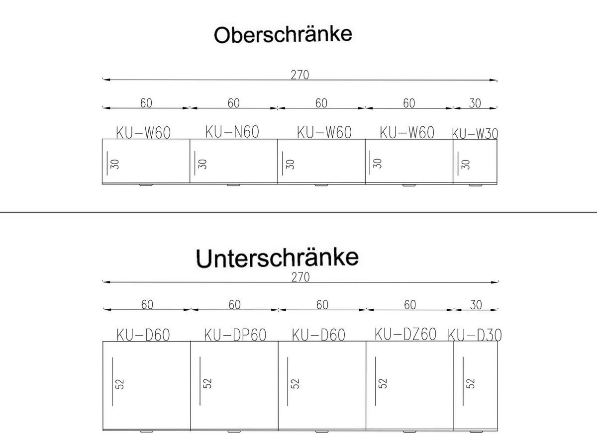 KÜCHENZEILE – 270 cm – KU-SA14 – Lunara – Weiß Hochglanz – ohne E-Geräte - Weiß Hochglanz/Schwarz, Holzwerkstoff/Metall (270/214/52cm) - hi-markt