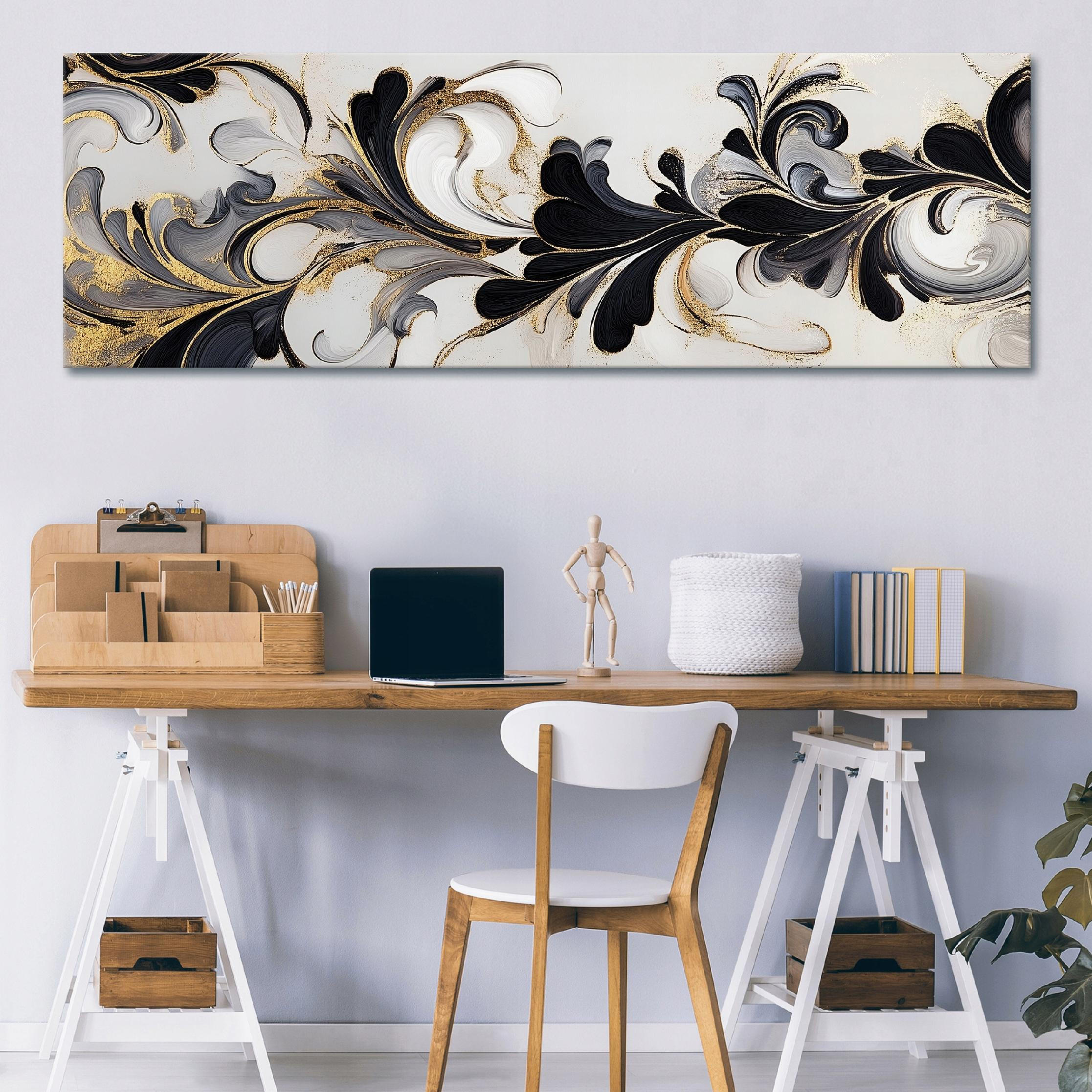 LEINWANDBILD Abstrakt Blumen Schwarz 145x45 - Multicolor, Holzwerkstoff (145/45cm) - Wallarena