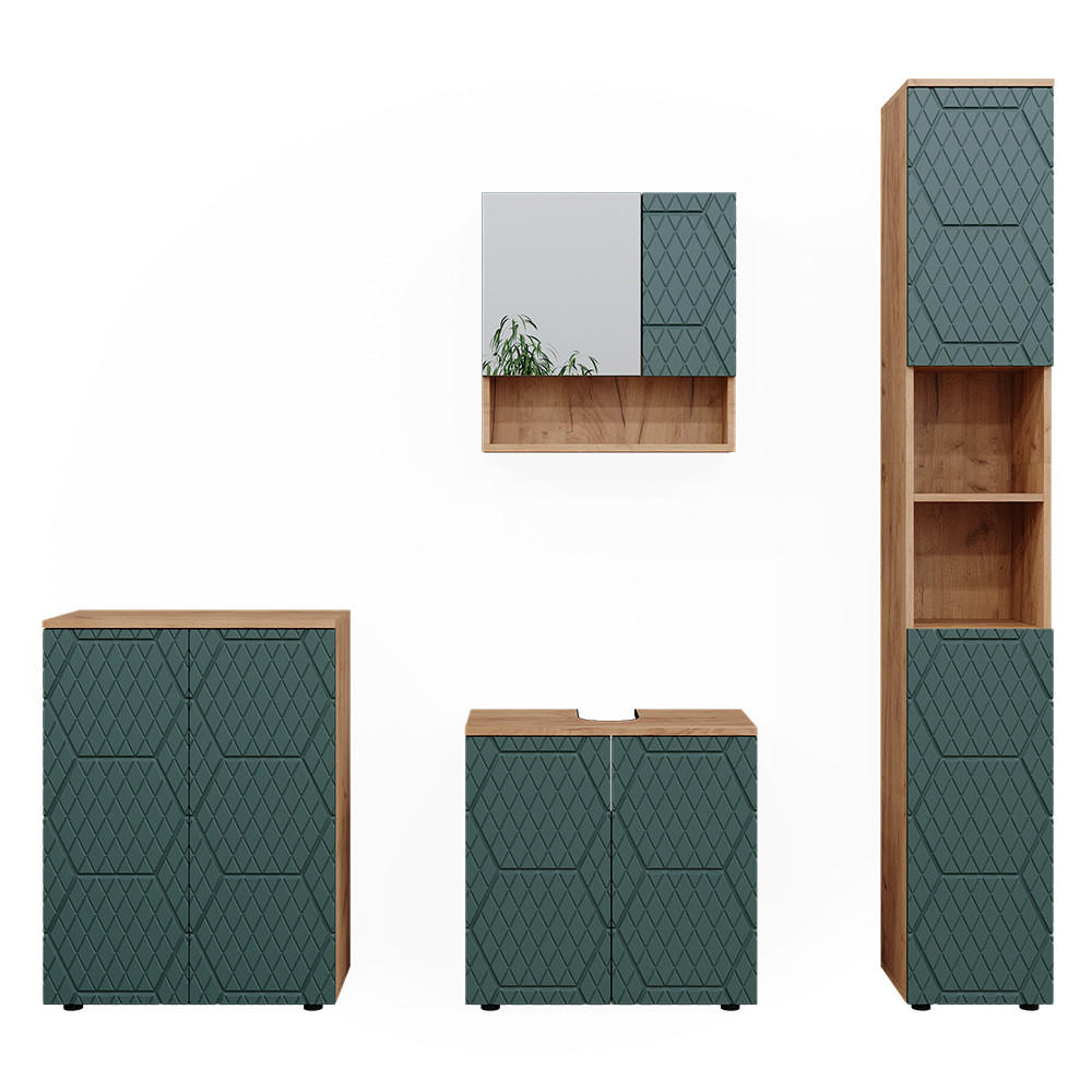 BADMÖBEL-SET Irma Grün 4 Teile, mit Hochschrank und Kommode - Eiche Wotan/Grün, Holzwerkstoff (80/58.6/41cm) - Vicco