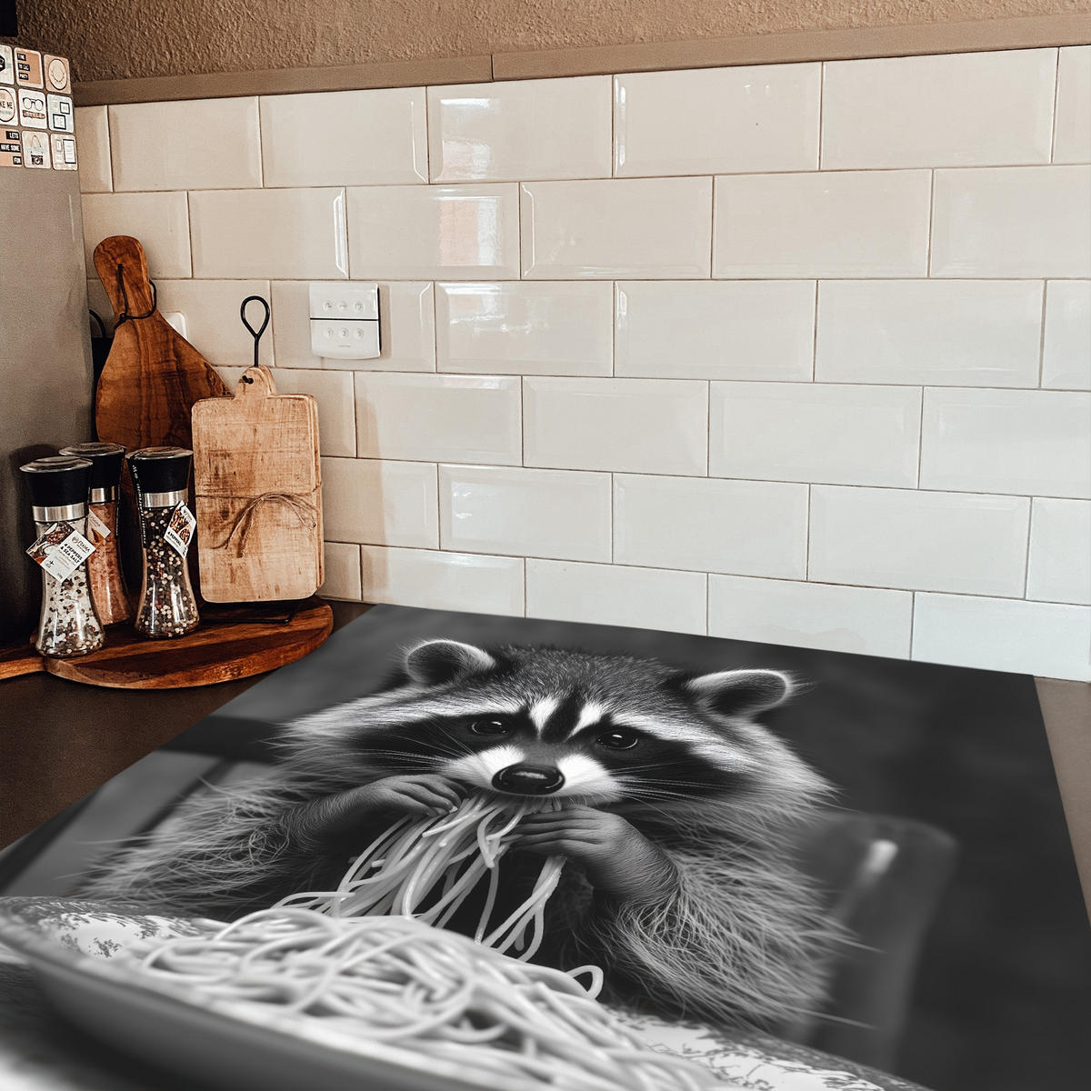 HERDABDECKPLATTE Waschbär - Niedlich - Pasta - Tischtuch - Schwarz - Weiß Induktionsmatte 78x78 cm - Grau, Kunststoff (78/78/0.2cm) - MuchoWow