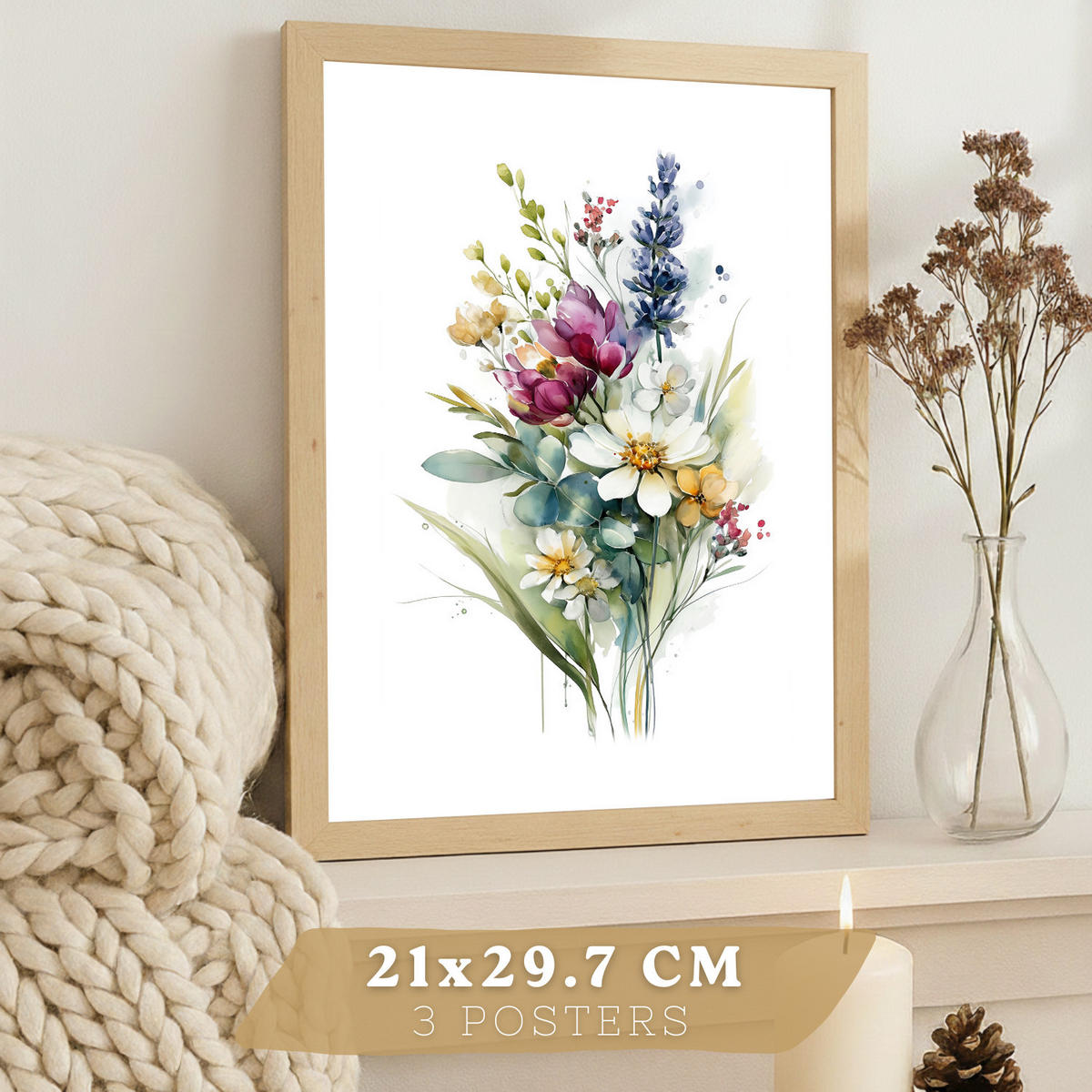 PLAKAT Sada 3 botanických uměleckých tisků. Květinové nástěnné umění. Květinové tisky. Velikost Světlý dřevěný rám A4 - béžová, papír (21/29.7/3cm) - Nacnic