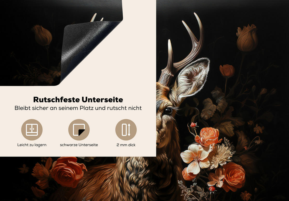 HERDABDECKPLATTE Hirsch - Tier - Blumen - Natur - Botanisch 75x52 cm - Kupferfarben, Kunststoff (75/0.2/52cm) - MuchoWow
