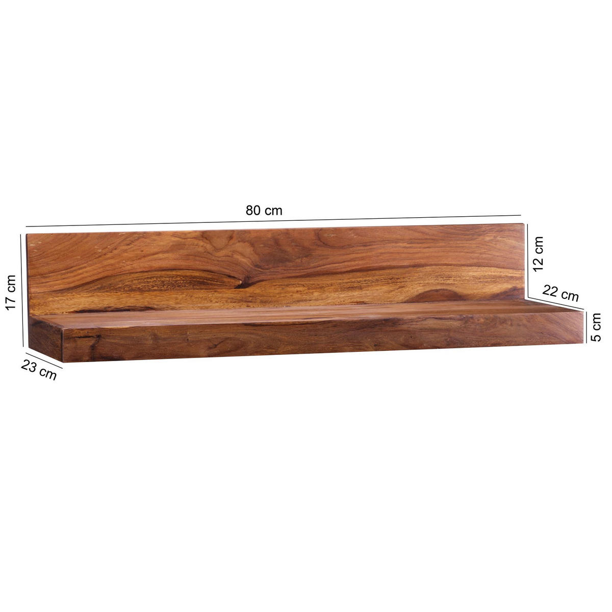 WANDREGAL LONI Sheesham Holzregal - Sheeshamfarben, Holz (80/17/23cm) - tinkaro
