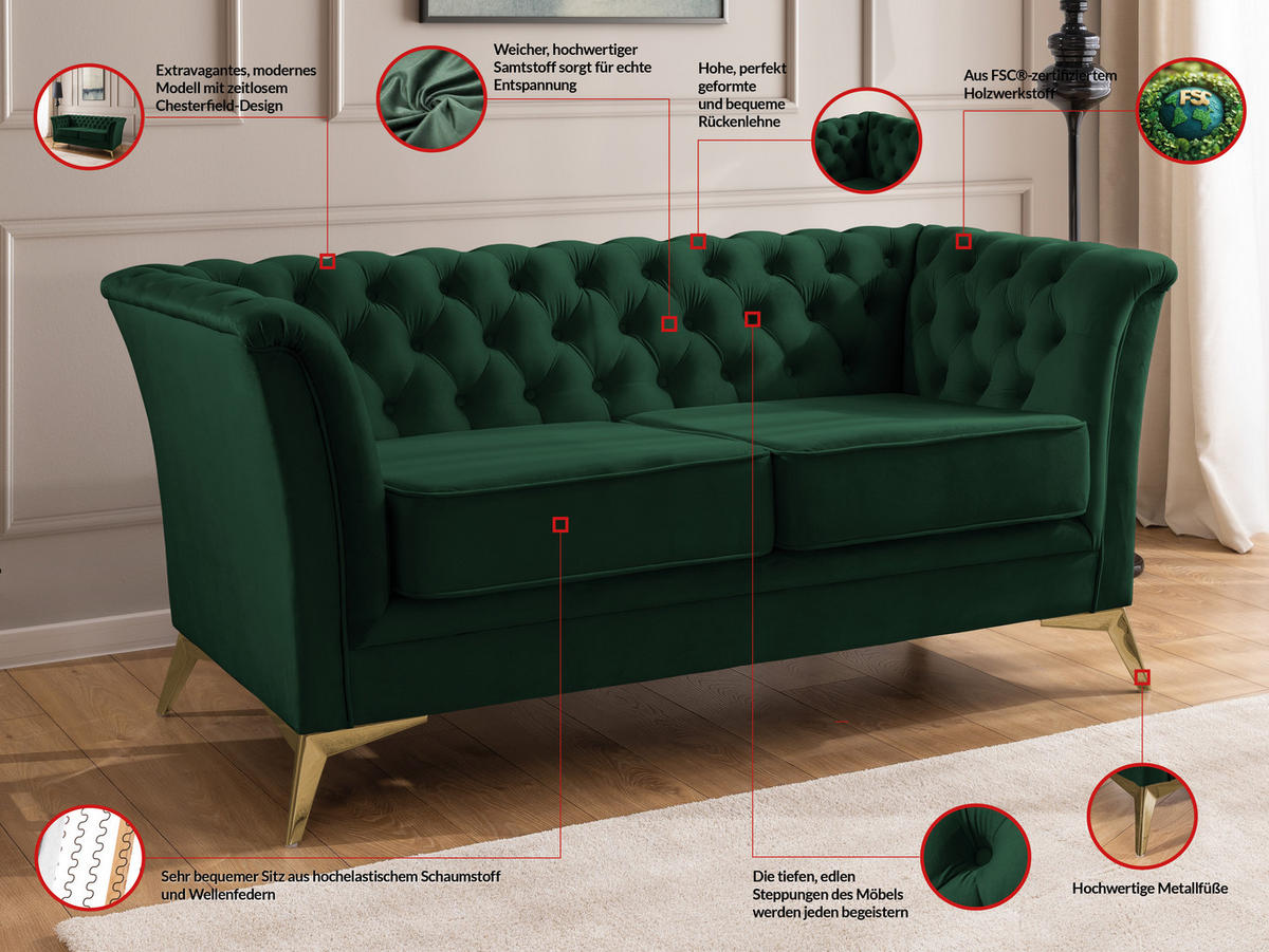 SITZGARNITUR 2+1 Chesterfield Whitby Flaschengrün Samt mit goldenen Füßen - Dunkelgrün/Goldfarben, Holz/Textil (175/78/82cm) - S-Style Möbel