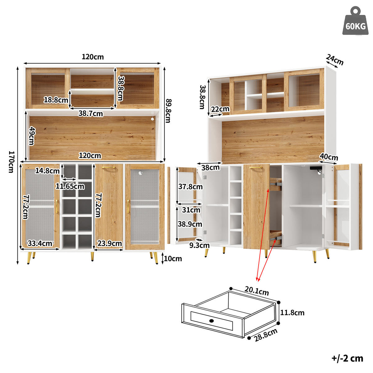 BUFFET 120/170/40 cm Weiß mit Holzdekor aus MDF mit LED-Beleuchtung - Weiß, Holzwerkstoff (40/180/120cm) - OKMYHOME