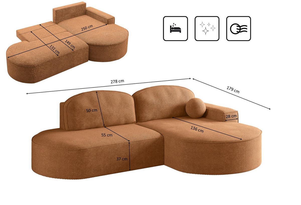 ECKSOFA mit Schlaffunktion und Bettkasten Modena Runden stoff Arena Orange Rechts - Orange, Holz (278/179cm) - Kaiser Möbel