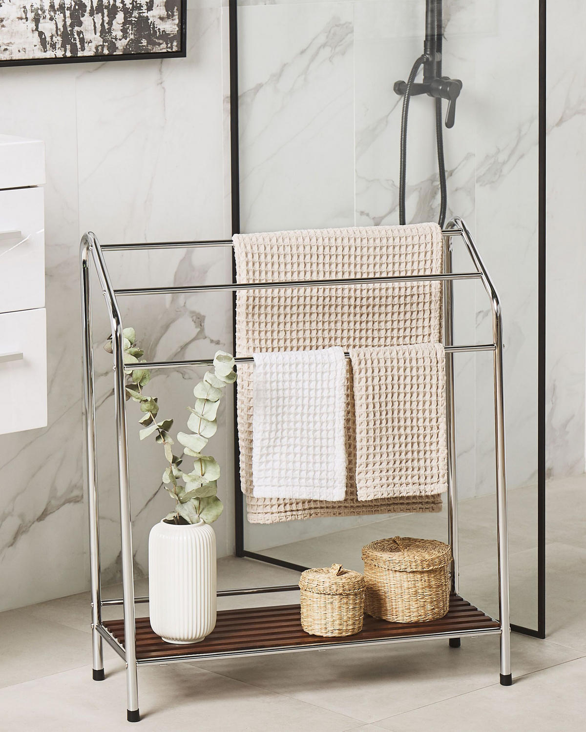 HANDTUCHSTÄNDER mit Ablage silber/dunkelbraun 72 x 85 cm 3 Muriva - Dunkelbraun/Silberfarben, Metall (72/85/27cm) - Beliani