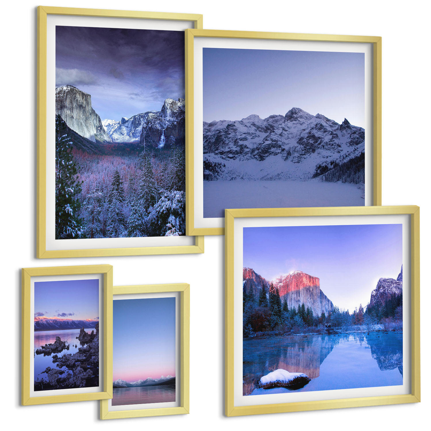 BILDER SET 5er Set - 50x50 cm & 20x30 cm & 40x60 cm Goldrahmen - Berglandschaften, Sonnenuntergang, Wasser - Goldfarben, Kunststoff (40/60cm) - TULUP