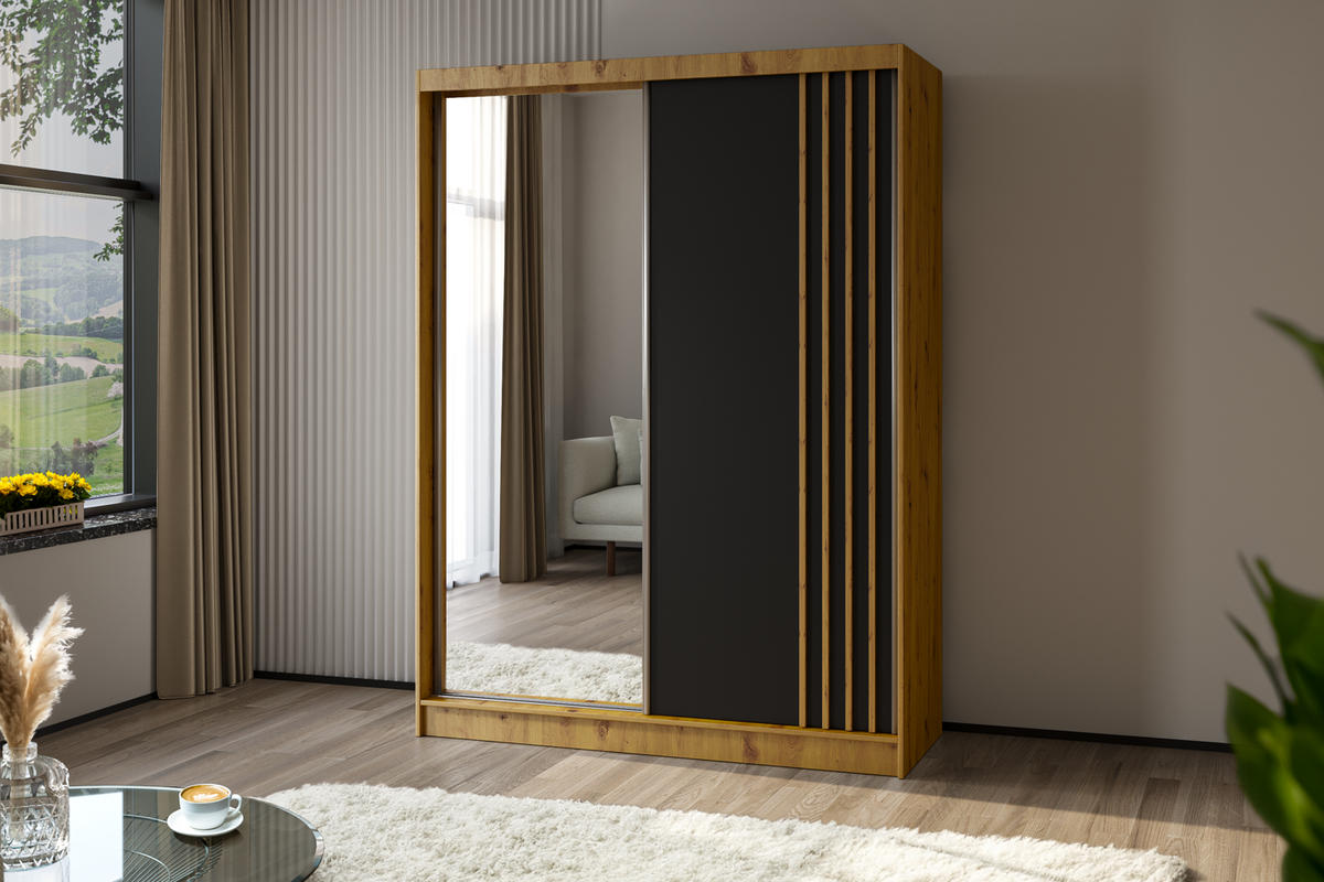 SCHWEBETÜRENSCHRANK Neli 160 cm mit Lamellen und Spiegel 2-türig, Artisan, schwarz, Lamelle Artisan - Braun/Eiche Artisan, Kunststoff (160/216/61cm) - Margaret Hadas24