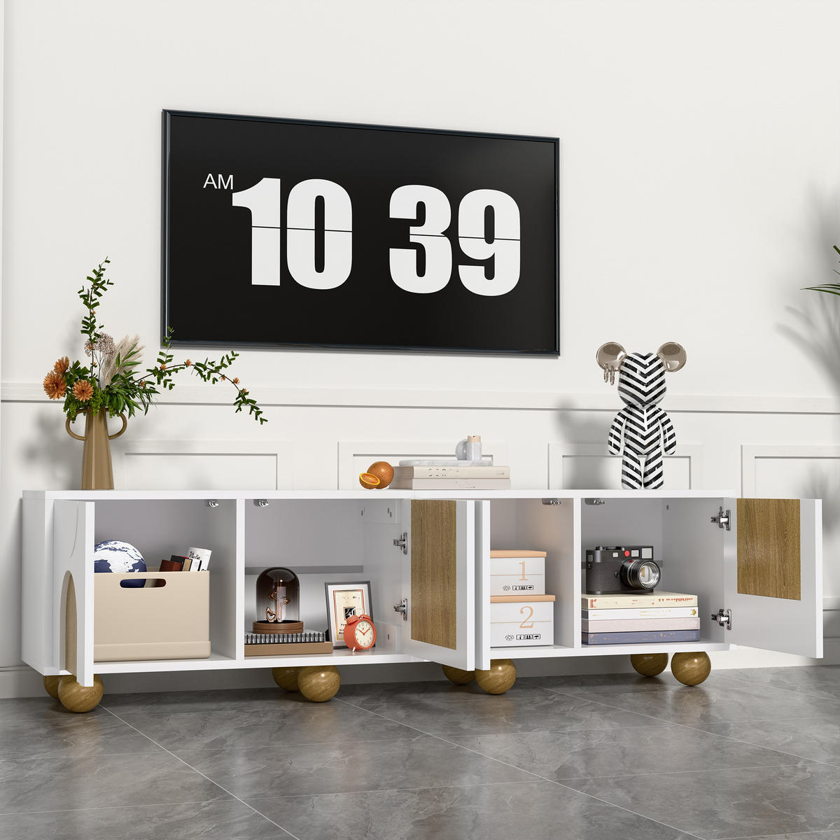 LOWBOARD in Naturfarben und Weiß TV-Schrank mit vier Türen für Wohnzimmer, B175/T38/H50 cm - Naturfarben/Weiß, Holzwerkstoff/Metall (175/50/38cm) - STILVORA