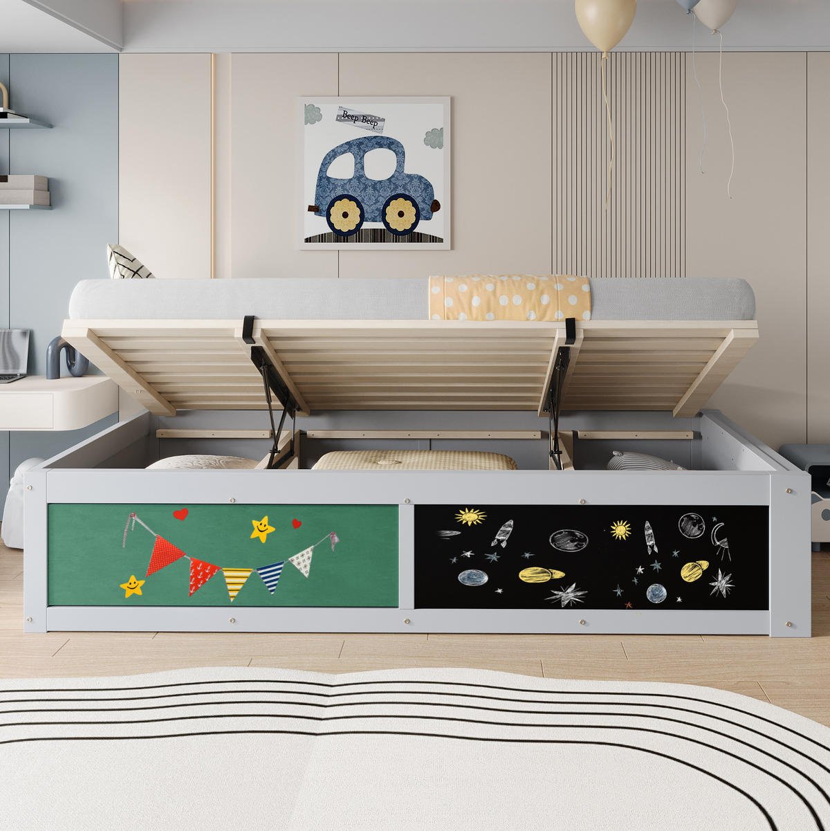 KINDERBETT 90/200 cm mit Stauraum, Kreidetafel und hydraulischer Aufbewahrung - Grau, Holzwerkstoff (90/200cm) - BEAOK