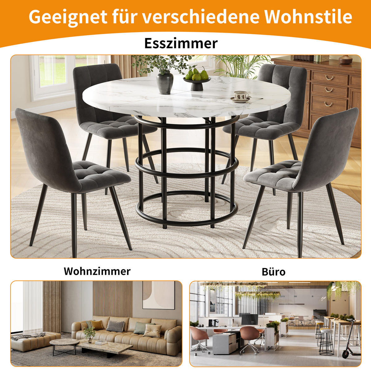ESSTISCH 100/100/76 cm Schwarz runder Tisch mit Marmoroptik aus MDF mit Metallgestell - Schwarz, Holzwerkstoff (100/100/76cm) - OKWISH