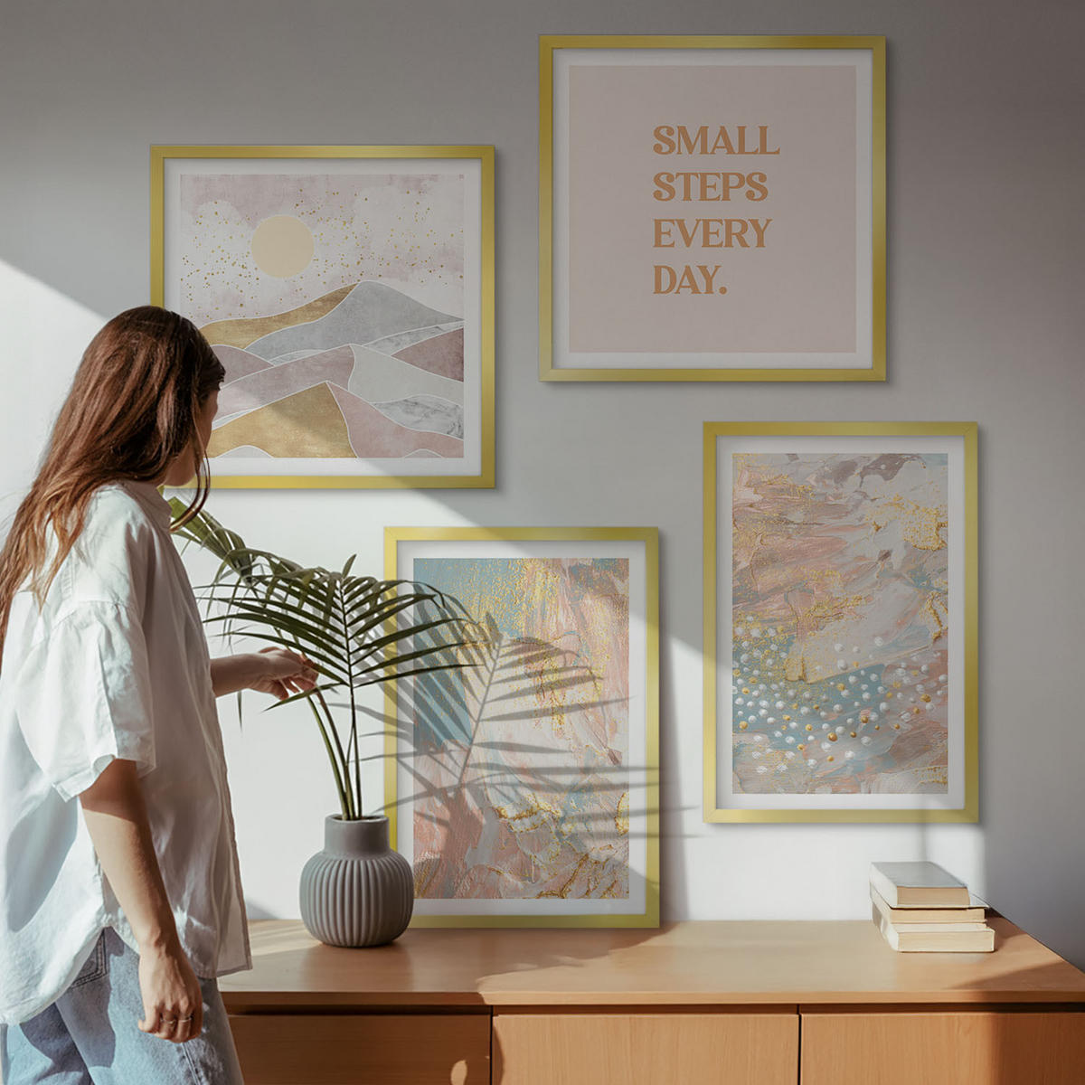BILDER SET 4er Set - 50x50 cm & 40x60 cm Goldrahmen - Abstrakte Pastellmuster - Goldfarben, Kunststoff (50/50cm) - TULUP