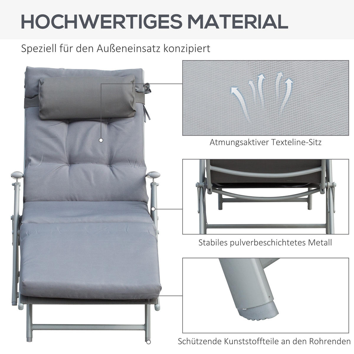 SONNENLIEGE Strandliege Gartenliege 7-stufig Verstellbar Klappbar Metall Grau - Grau, Kunststoff (63/5/137cm) - Outsunny