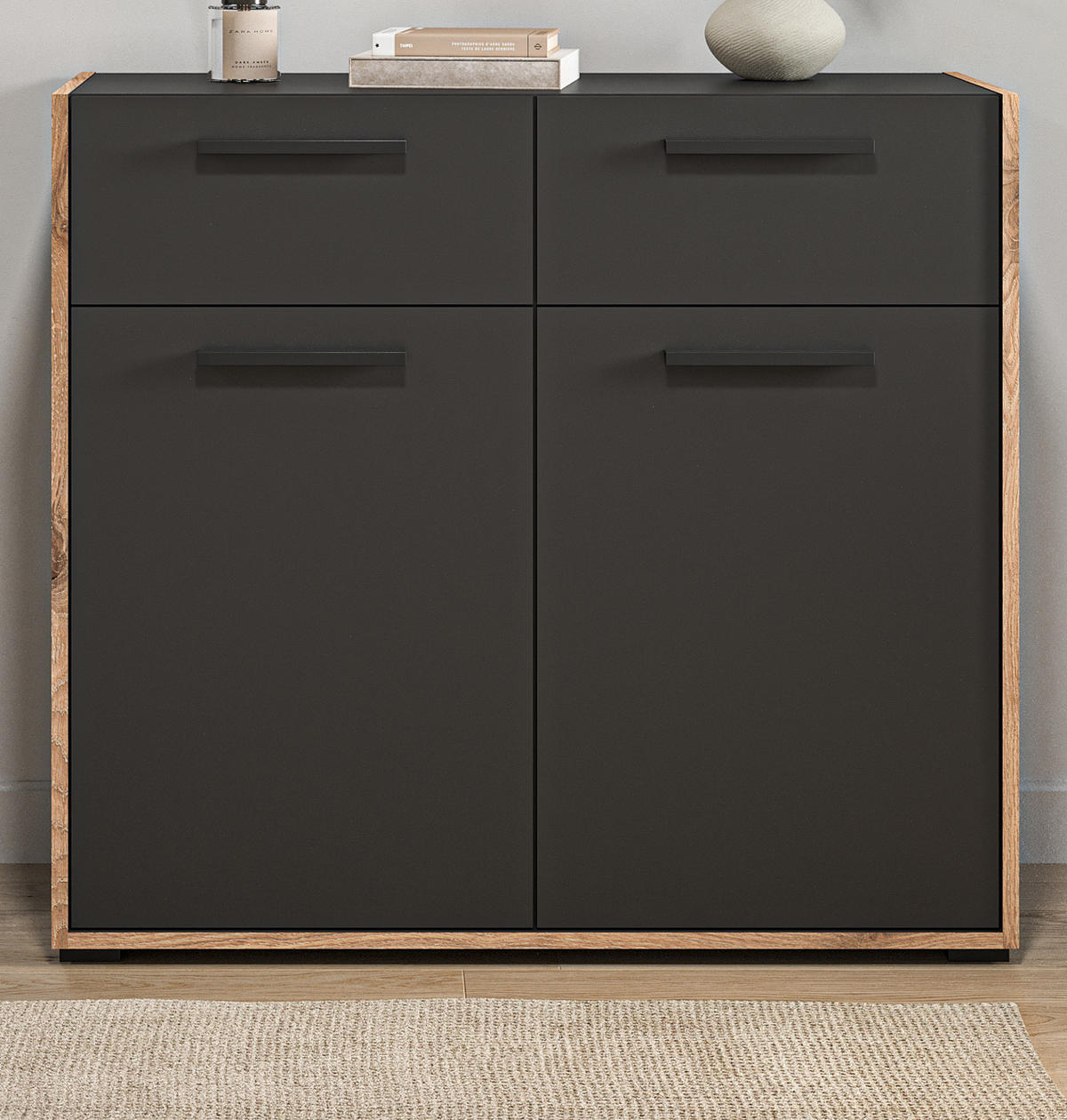 SCHUHSCHRANK grau, Nox Eiche 95 cm, Kommode mit 2 Schubkästen mit Vollauszug - Eichefarben/Schwarz, Holzwerkstoff/Kunststoff (95/86/37cm) - Inn.Furn