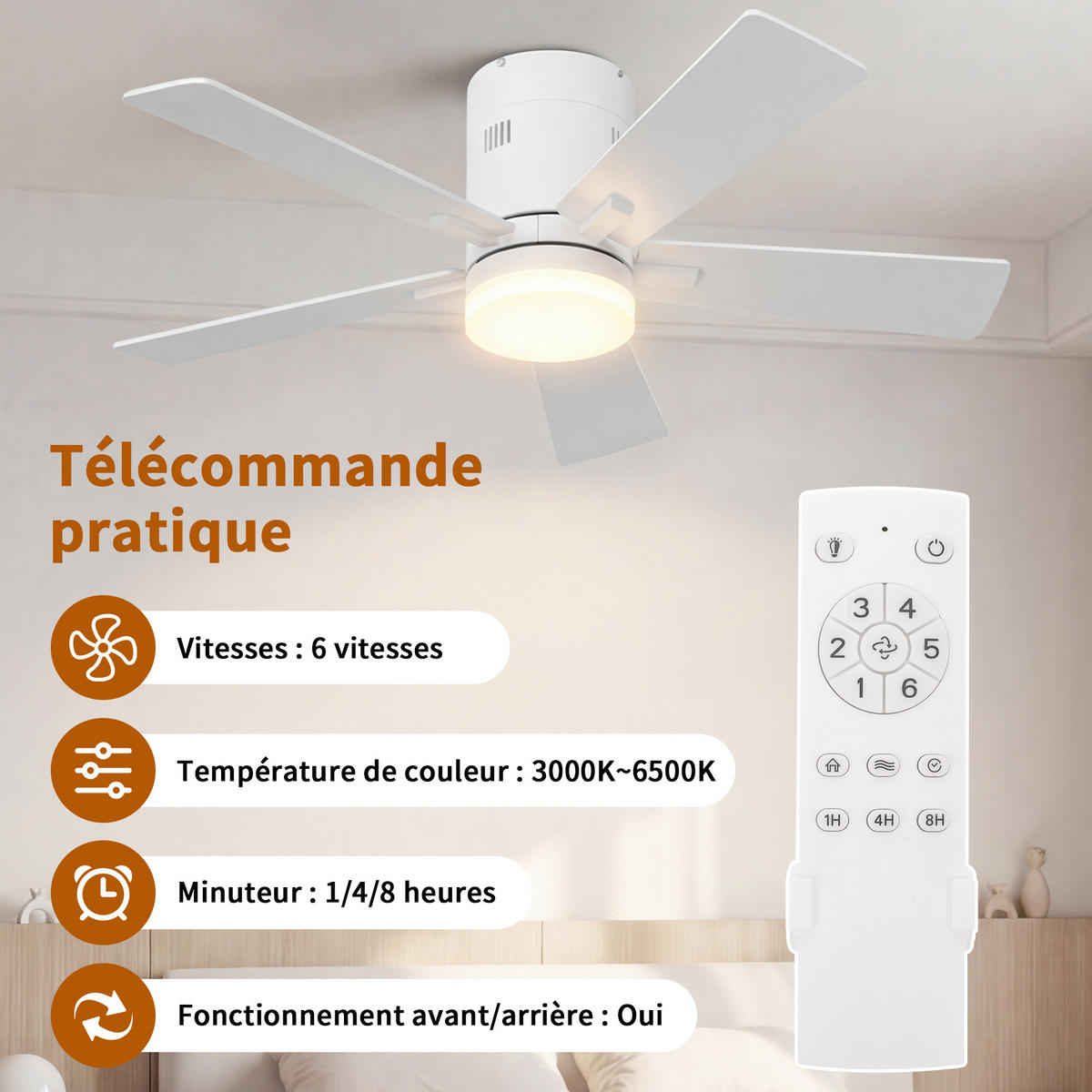 DECKENVENTILATOR 106,6cm Direktmontage Weiß 5 Flügel DC Motor - Weiß, Kunststoff (107/107/28cm) - CASIVA
