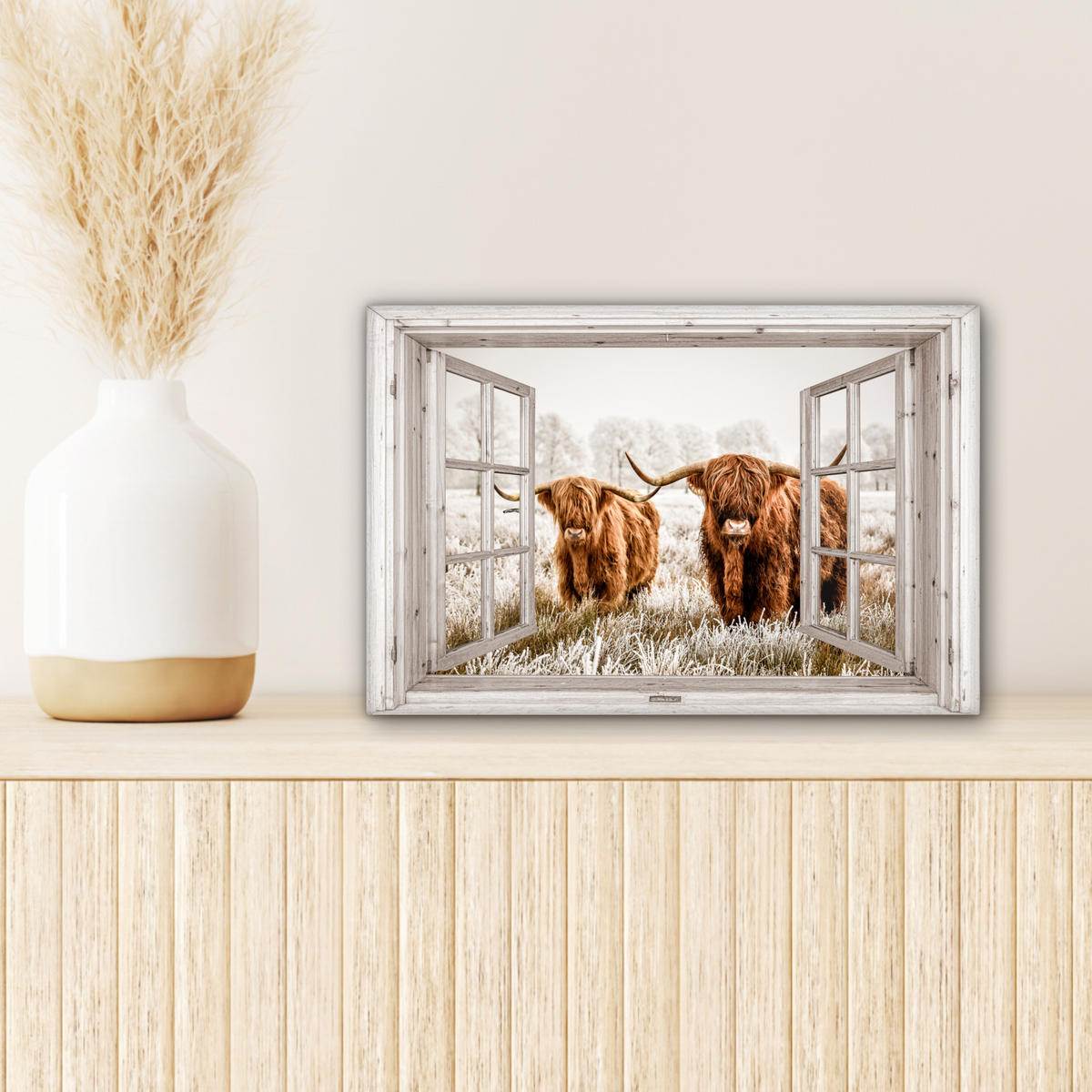 LEINWANDBILD Durchblick - Schottische Highlander - Tiere Deko Schlafzimmer 30x20 cm - Hellbraun, Textil (30/20cm) - MuchoWow