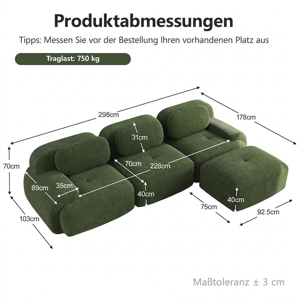 ECKSOFA 298/178/70 cm Grün Cord mit extra-breiten Armlehnen - Grün, Textil (298/178cm) - Oxeza