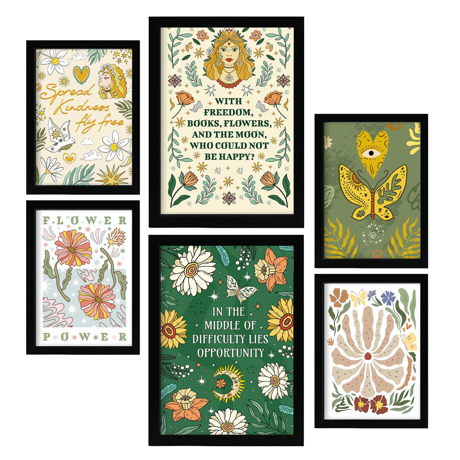 POSTER Set Mit 6 Drucken Mit Freundlichkeit In Der Brillanten Groovy Dekorative Rahmen Für Ihr Zuhause Wandkunstdruck A3 & A4 Schwarzer Rahmen - Schwarz, Papier (29/3cm) - Nacnic