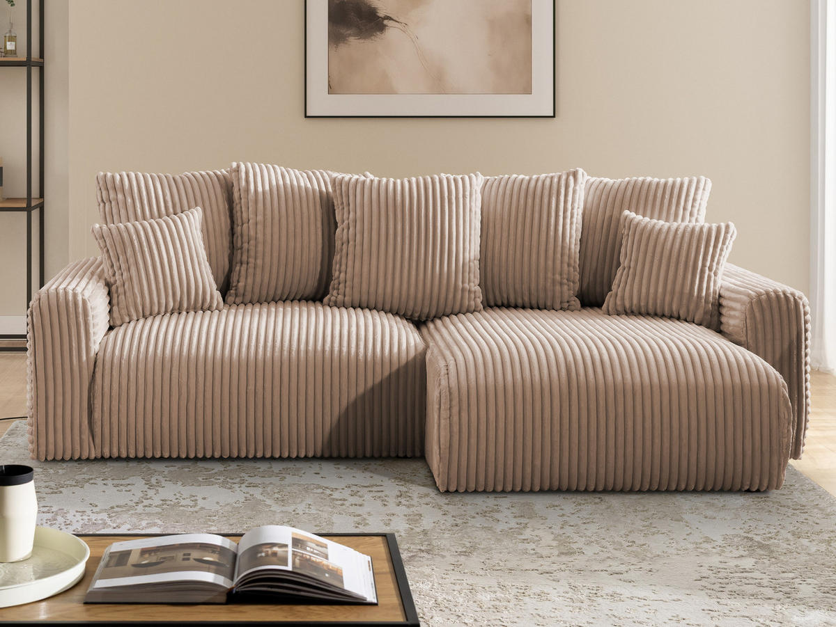 ECKSOFA Calma mit Schlaffunktion und Bettkasten im Bumpy-Design aus weichem Beige Plüschcord - Ottomane rechts - Beige/Schwarz, Holz/Kunststoff (140/239cm) - S-Style