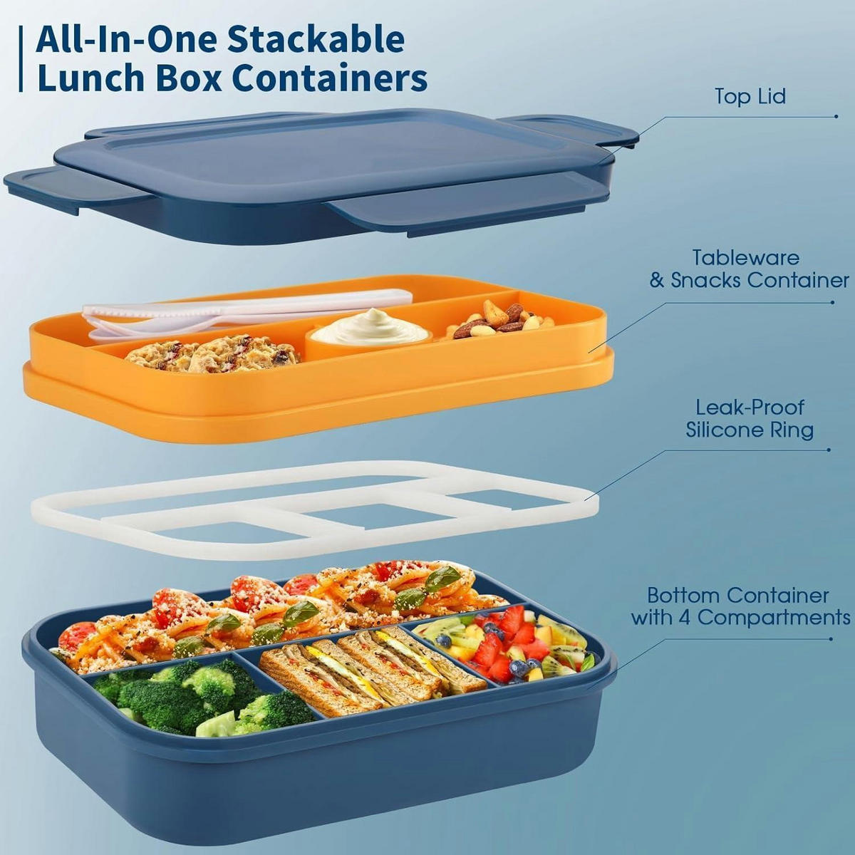 LUNCHBOX mit Fächern 2000ml auslaufsicher mit Besteck - Blau, Kunststoff (16/8/23.5cm)