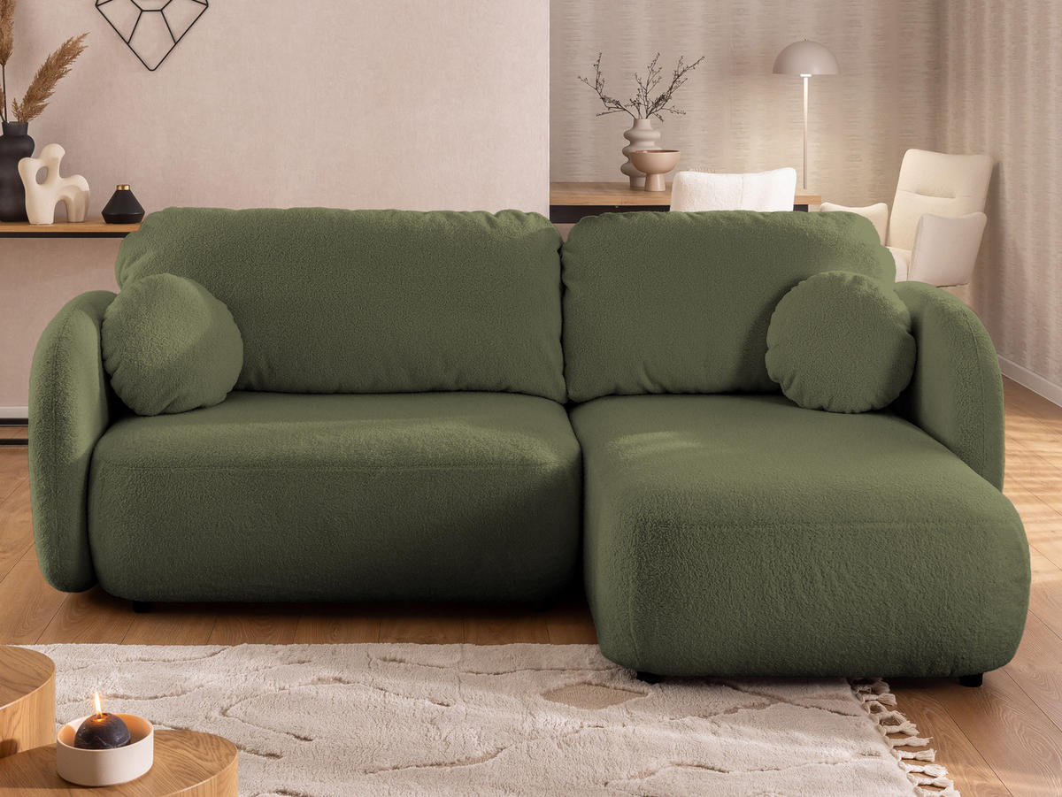 ECKSOFA Candy mit Schlaffunktion Grün Bouclé-Stoff - Ottomane rechts - Schwarz/Grün, Holz/Kunststoff (146/230cm) - S-Style Möbel
