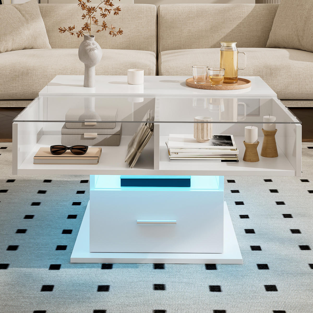 COUCHTISCH in Weiß mit LED und höhenverstellbarer Tischplatte für Wohnzimmer, B78/T78/H45 cm - Weiß, Glas/Holzwerkstoff (78/78/45.5cm) - STILVORA