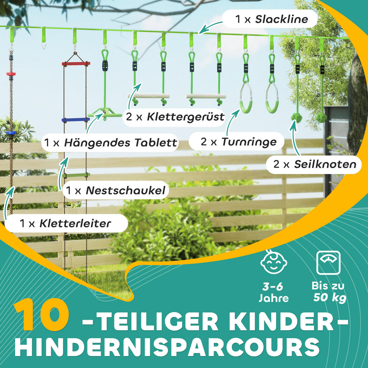 NINJA Warrior Hindernisparcours für Kinder 10 m Ninja Slackline Kit Grün - Grün, Kunststoff (5/1000cm) - AIYAPLAY