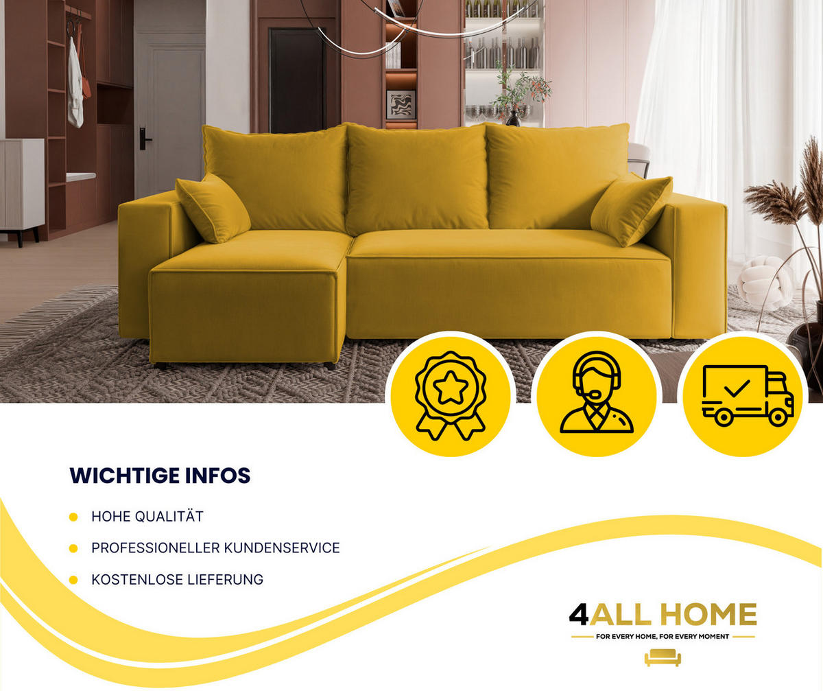ECKSOFA Tobi mit Bettkasten und Schlaffunktion, L-Form, Velourstoff, Universal - Currygelb, Holzwerkstoff (246/145cm) - 4ALL HOME