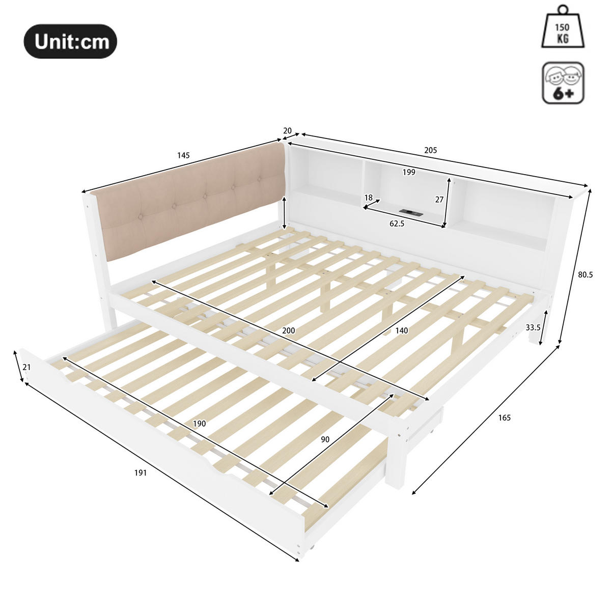 KINDERBETT 140/200 cm Weiß mit Ausziehbett, Regal und LED-Beleuchtung - Weiß, Holz (140/200cm) - Flora Grace