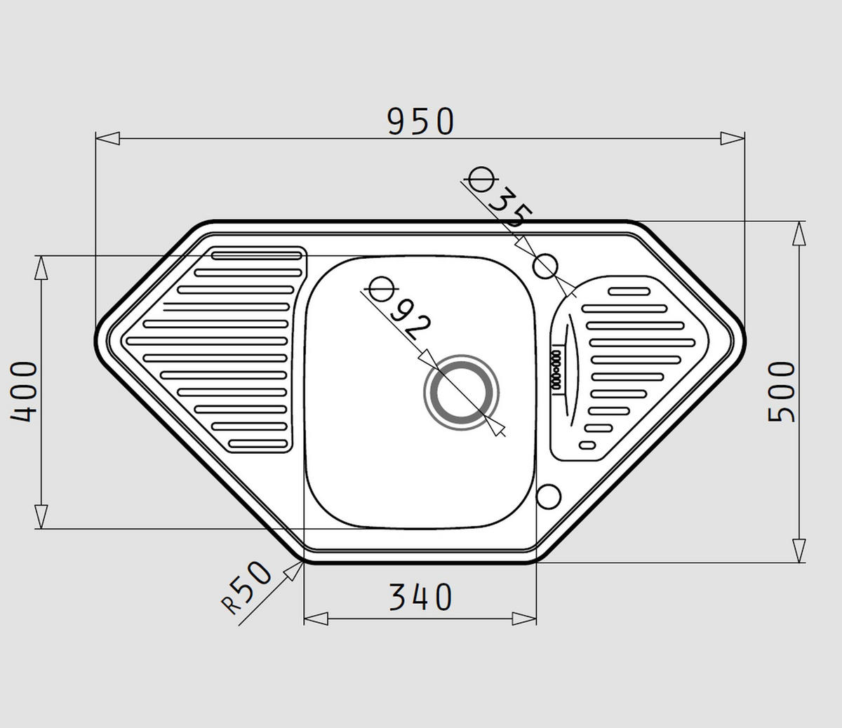 ECKSPÜLE Medusa, Einbauspüle 95x50cm, Küchenspüle mit Hahnloch - Grau, Metall (50/18/95cm)