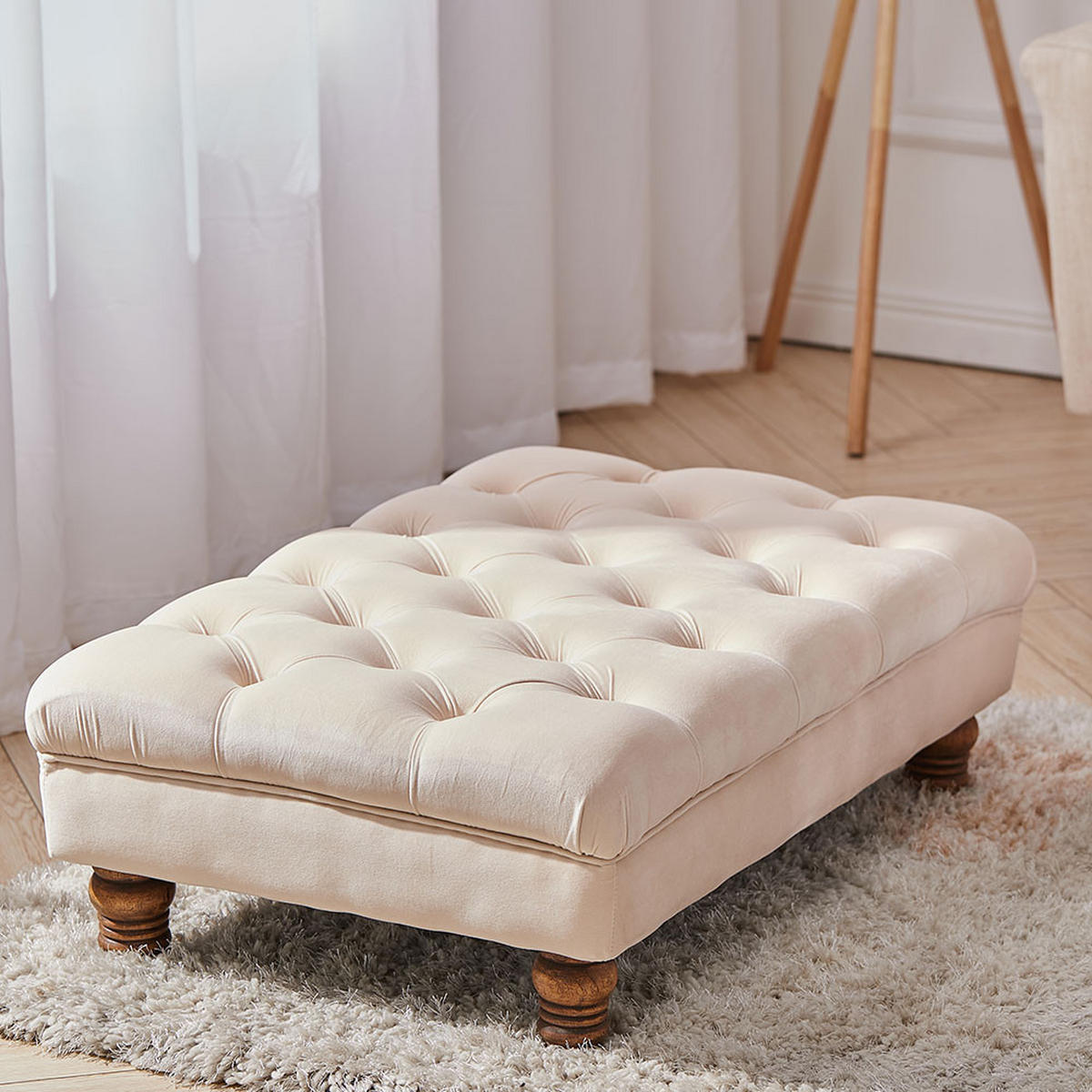 POLSTERHOCKER Knopfheftung Holzbeine Flanell in Beige Stilvoll & edel Vielseitig verwendbar Bodenschonend 90 x 60 x 30 cm - Beige/Walnussfarben, Holz/Textil (90/30/60cm) - Livingandhome