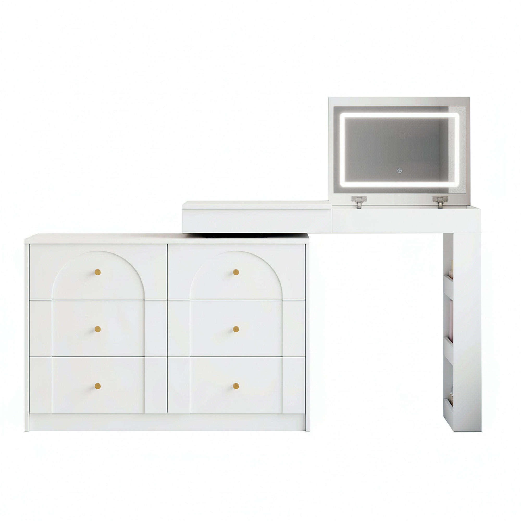 SCHMINKTISCH 2-in-1 Schreibtisch (drehbar) in Weiß mit LED-Spiegel & 7 Schubladen - Weiß, Holzwerkstoff (105/80/40cm) - Urban Meuble