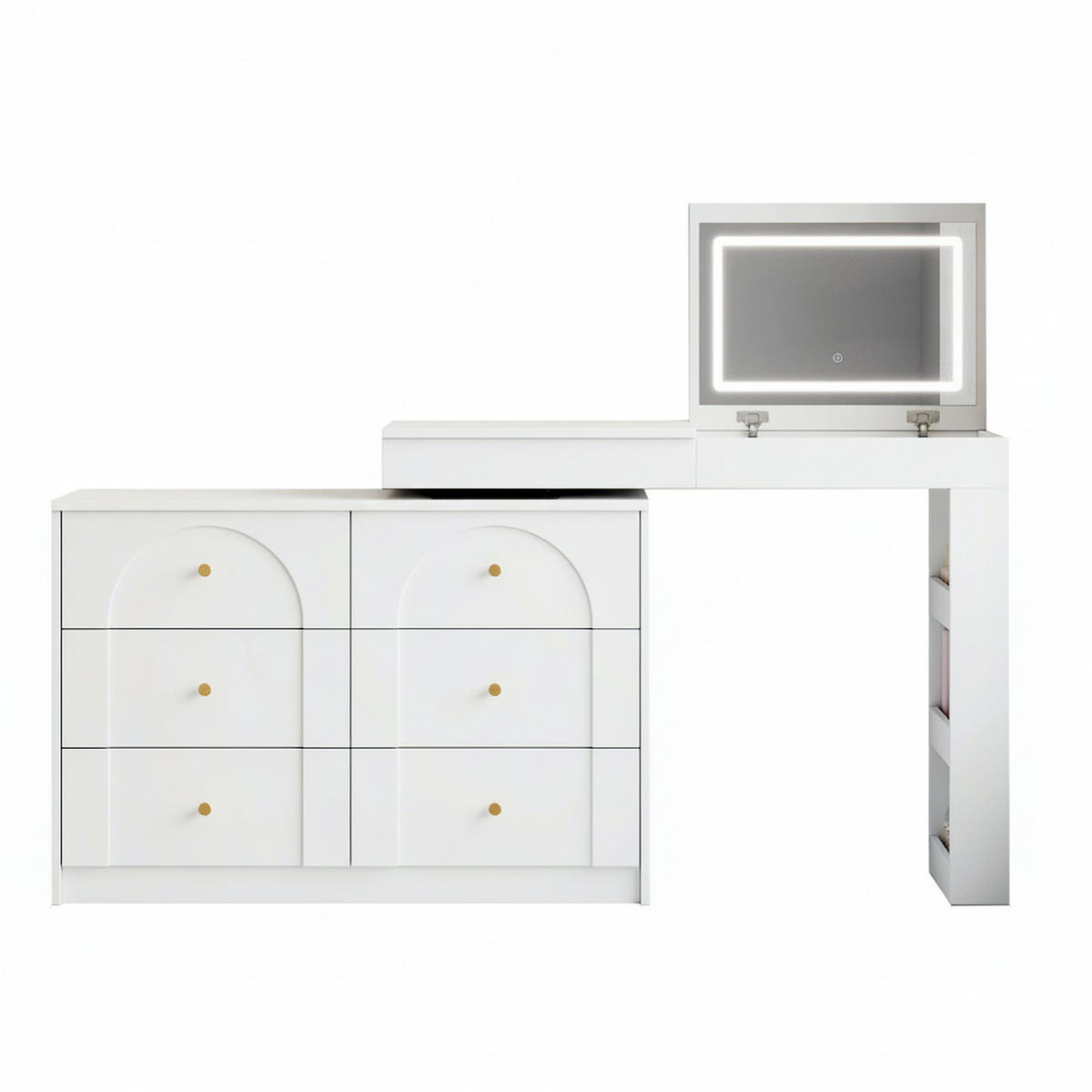 SCHMINKTISCH 2-in-1 Schreibtisch (drehbar) in Weiß mit LED-Spiegel & 7 Schubladen - Weiß, Holzwerkstoff (105/80/40cm) - Urban Meuble