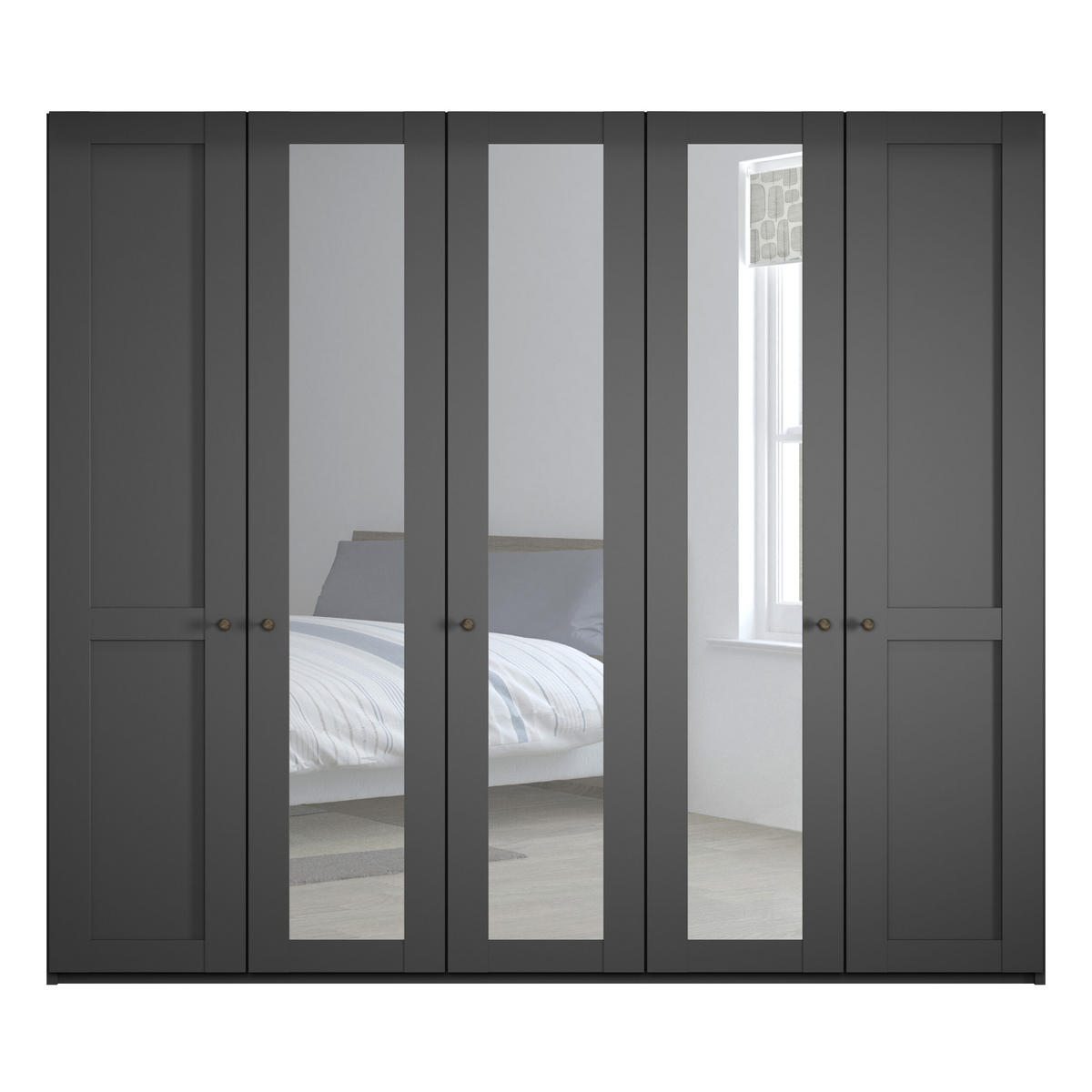 SCHLAFZIMMER Greenholm in Graphit 4 teilig mit Kleiderschrank 250cm Breite mit Spiegel, Doppelbett 180x200cm, zwei Nachttisch - Grau, Holzwerkstoff (80/200/120cm)