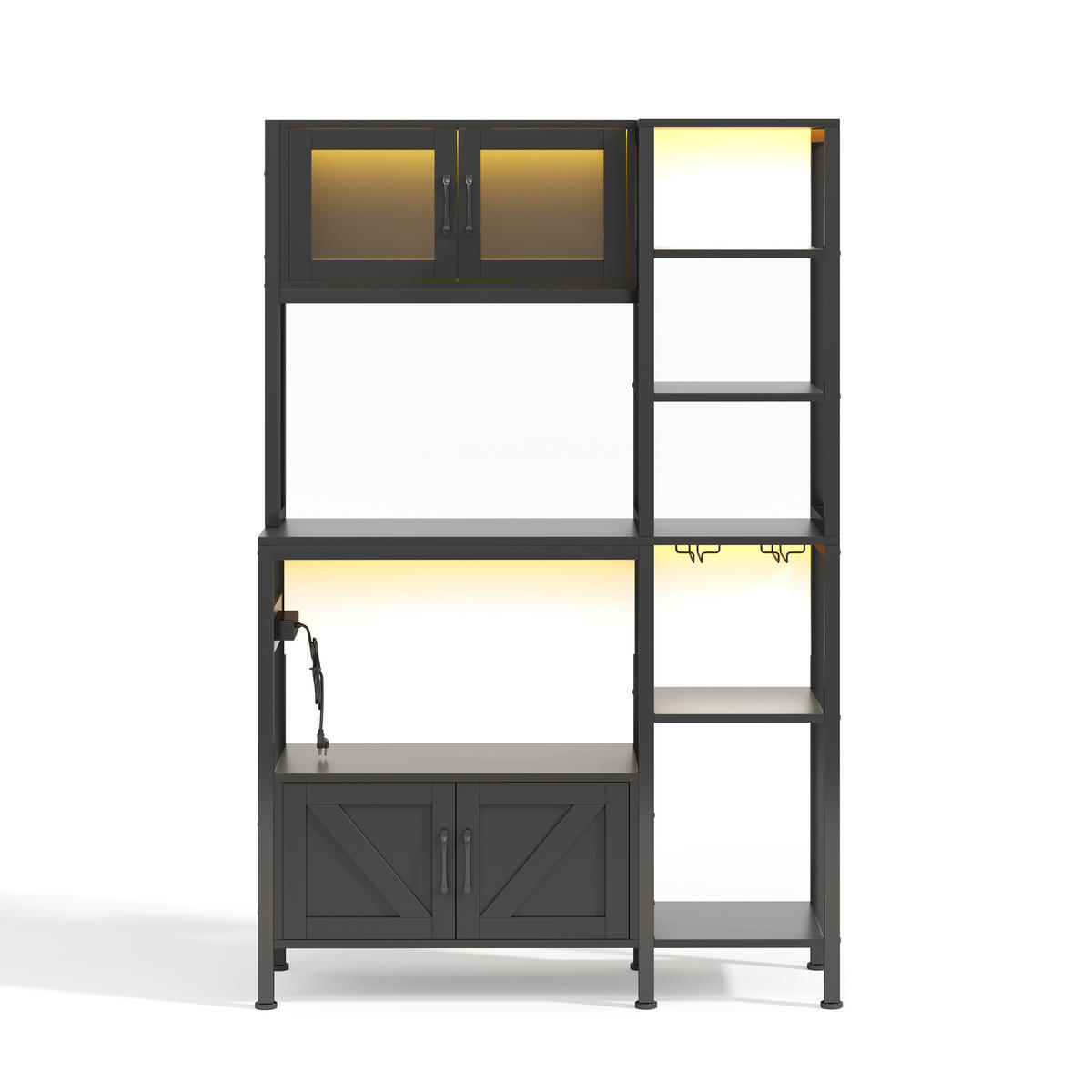 BUFFET 115/40/180 cm Schwarz mit LED-Lichtern, Barregal, Aufbewahrungsfunktion und Weinglashalter - Schwarz, Holz (115/180/40cm) - Oxeza