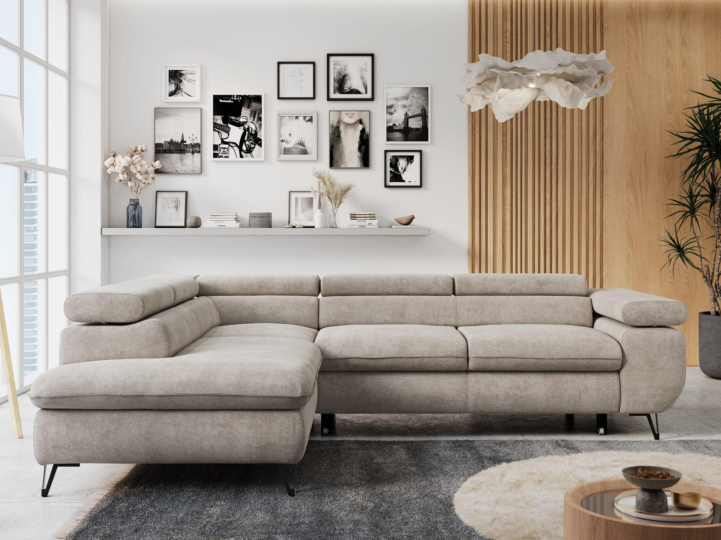 ECKSOFA PETER L Beige Struktur - Links Seite - Beige/Schwarz, Textil/Metall (208/273cm) - MKS