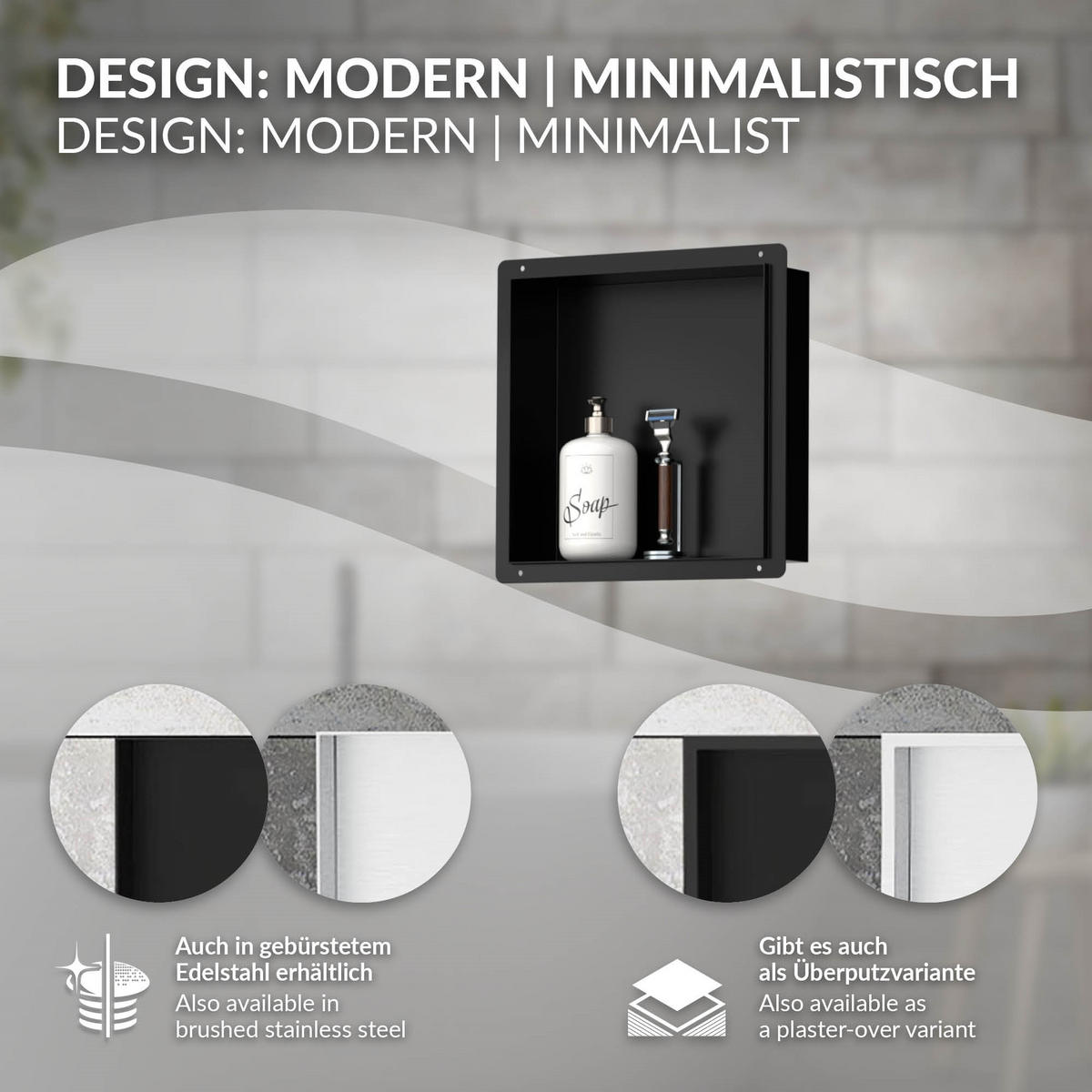 DUSCHNISCHE Schwarz 30/30 cm randlos - Schwarz, Metall (30/30/10cm) - LuxeBath