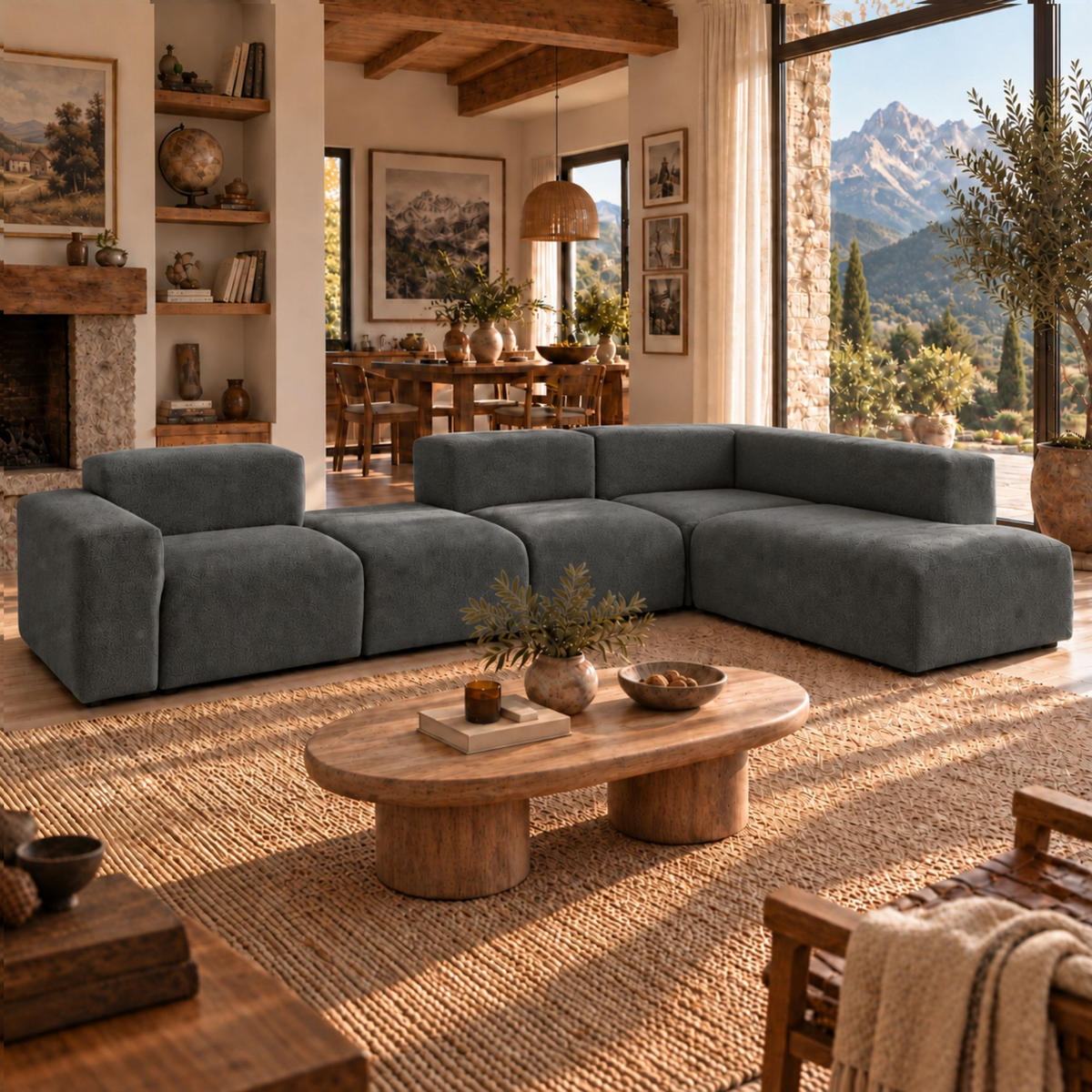 5-SITZER modulares Ecksofa HEAVEN SET 5 Rechts, Breite 380 cm Webstoff Dunkelgrau - Dunkelgrau/Schwarz, Holz/Kunststoff (245/380cm) - Muffo