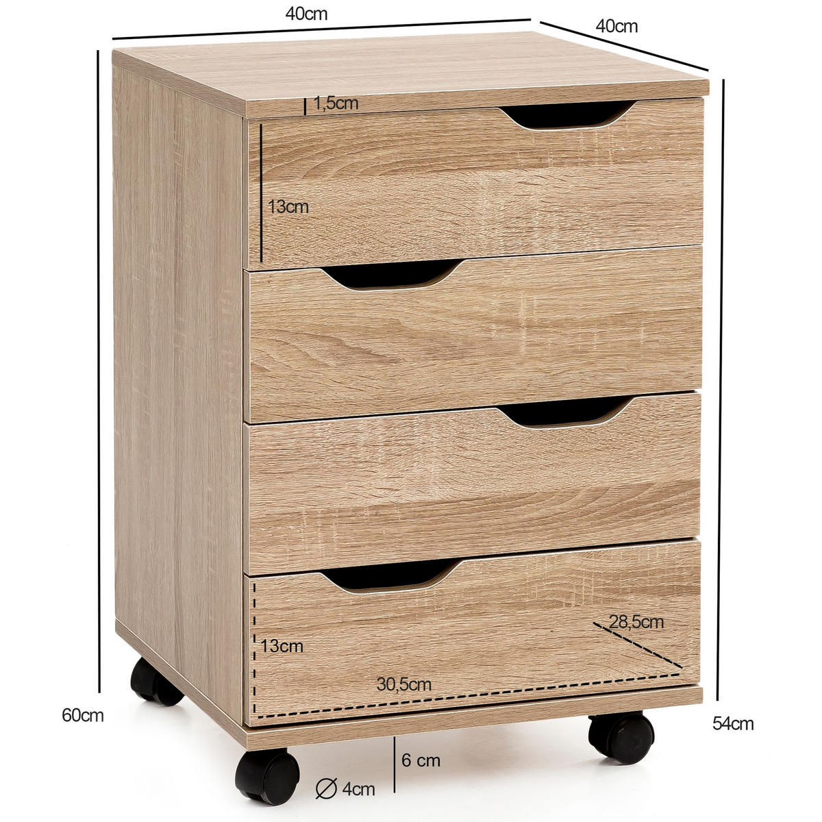 ROLLCONTAINER – Weiß, 4 Schubladen, Rollen, stilvoll, für Büro - Beige/Schwarz, Holz/Kunststoff (40/60/40cm) - KADIMA DESIGN