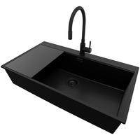 GRANITSPÜLE Oslo, 2-er set Alles Schwarz 88/50 cm 1 Becken + Küchenarmatur 40/38 cm + Ablauf-Set + Schneidebrett ab 90er Unterschrank - Schwarz, Kunststoff (88/20/50cm) - Primagran